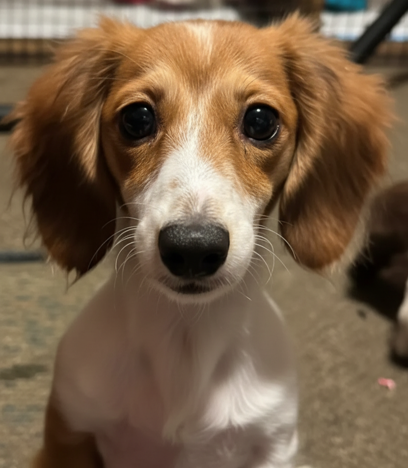 Ruby, red and white piebald long coat dachshund